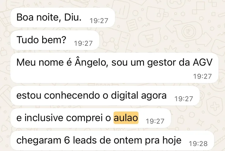 Print de WhatsApp: Ângelo, gestor da AGV, comprou o aulão e chegaram 6 leads de ontem pra hoje