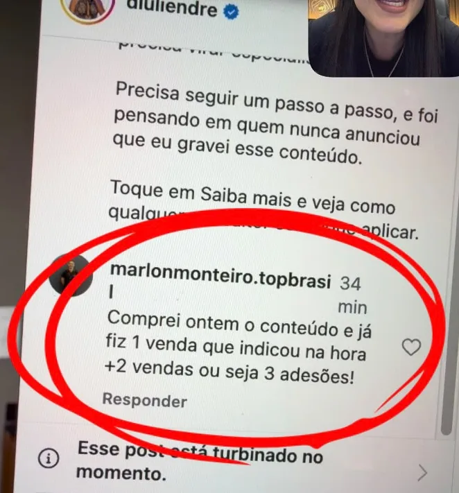 Comentário no Instagram: comprei ontem o conteúdo e já fiz 1 venda que indicou na hora, mais 2 vendas, 3 adesões