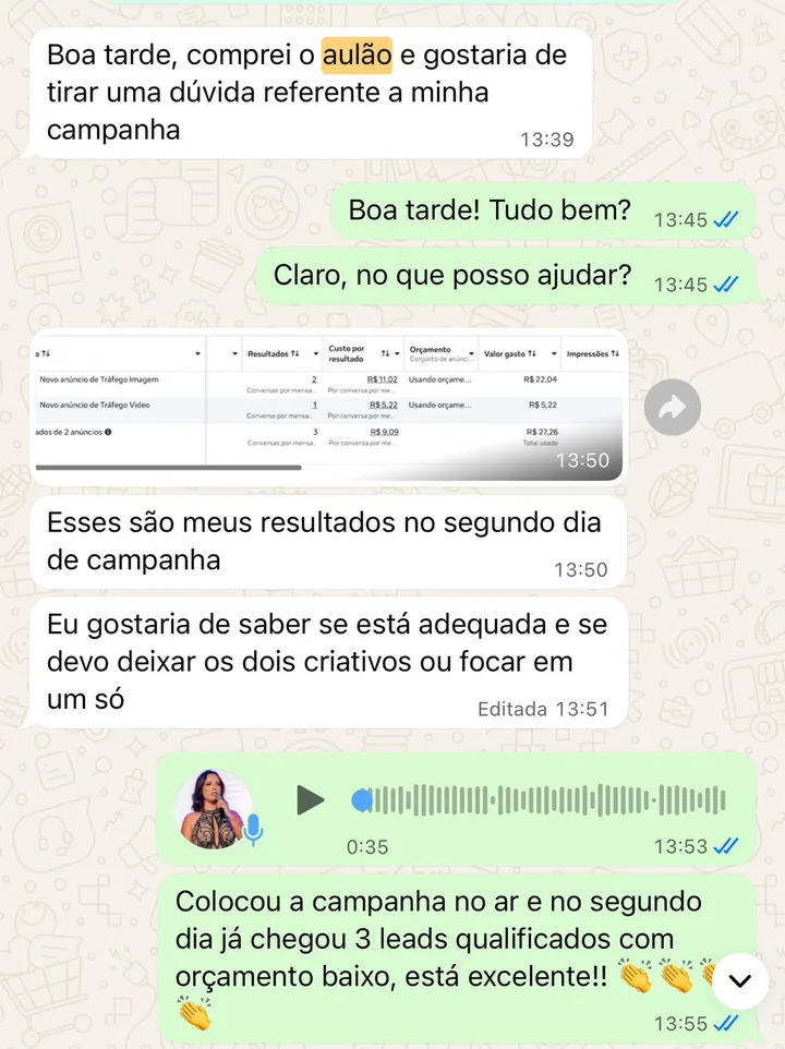 Print de WhatsApp: resultados no segundo dia de campanha, 3 leads qualificados com orçamento baixo